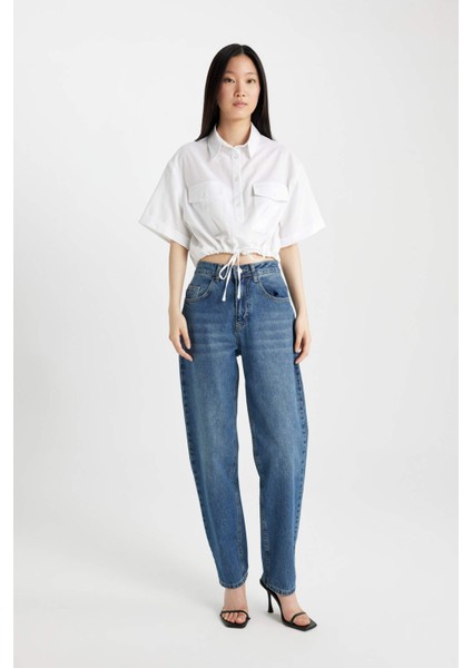 Cropped Fit Gömlek Yaka Keten Karışımlı Kısa Kollu Bluz C6812AX24SM