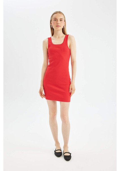 Coool Bodycon Vücudu Saran Basic Düz Fitilli Kaşkorse Kolsuz Mini Kırmızı Elbise A0732AX24SM