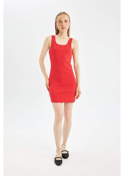 Coool Bodycon Vücudu Saran Basic Düz Fitilli Kaşkorse Kolsuz Mini Kırmızı Elbise A0732AX24SM
