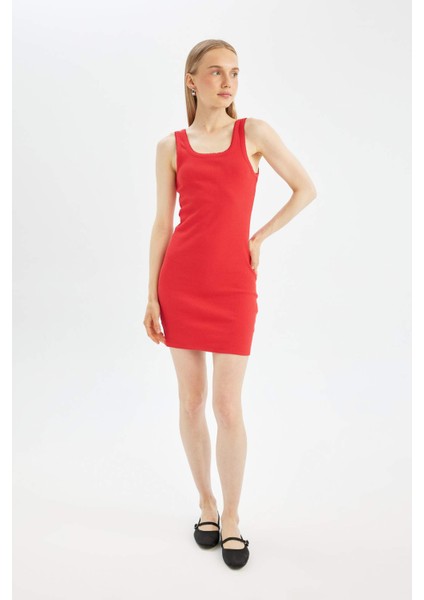 Coool Bodycon Vücudu Saran Basic Düz Fitilli Kaşkorse Kolsuz Mini Kırmızı Elbise A0732AX24SM
