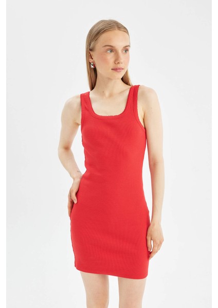Coool Bodycon Vücudu Saran Basic Düz Fitilli Kaşkorse Kolsuz Mini Kırmızı Elbise A0732AX24SM