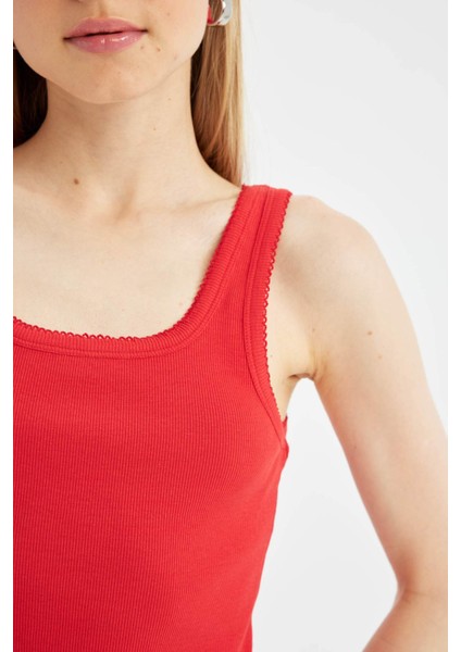 Coool Bodycon Vücudu Saran Basic Düz Fitilli Kaşkorse Kolsuz Mini Kırmızı Elbise A0732AX24SM