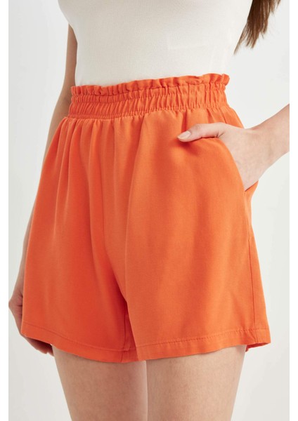 Relax Fit Paperbag Bel Geniş Paça Keten Karışımlı Şort D3944AX24SM