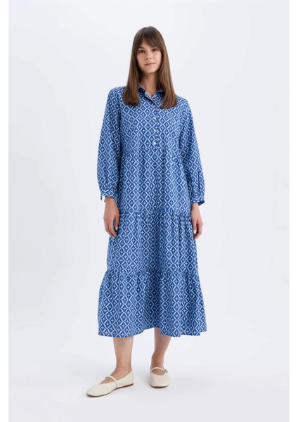 Relax Fit Gömlek Yaka Desenli Poplin Uzun Kollu Maxi Elbise D0569AX24HS