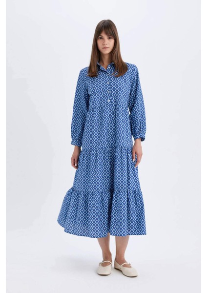 Relax Fit Gömlek Yaka Desenli Poplin Uzun Kollu Maxi Elbise D0569AX24HS