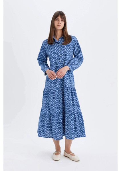 Relax Fit Gömlek Yaka Desenli Poplin Uzun Kollu Maxi Elbise D0569AX24HS