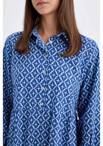 Relax Fit Gömlek Yaka Desenli Poplin Uzun Kollu Maxi Elbise D0569AX24HS