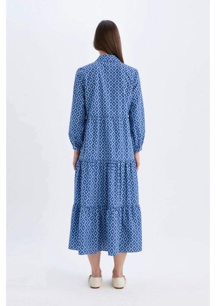 Relax Fit Gömlek Yaka Desenli Poplin Uzun Kollu Maxi Elbise D0569AX24HS