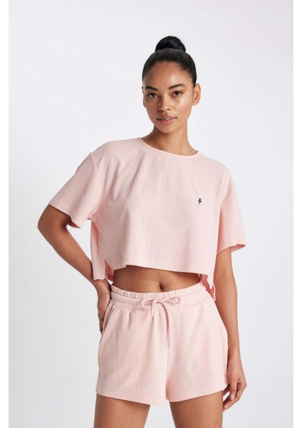 Fit Crop Bisiklet Yaka Sporcu Ribana Kısa Kollu Tişört A9916AX24SM