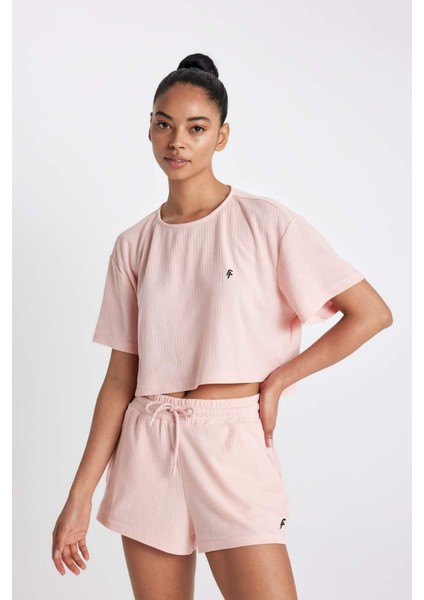 Fit Crop Bisiklet Yaka Sporcu Ribana Kısa Kollu Tişört A9916AX24SM