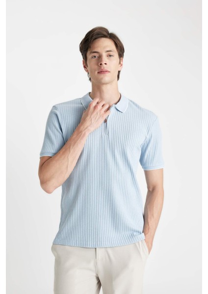 Slim Fit Dar Kesim Polo Yaka Kısa Kollu Fitilli Kaşkorse Yarım Fermuarlı Tişört D3948AX24SM modelleri