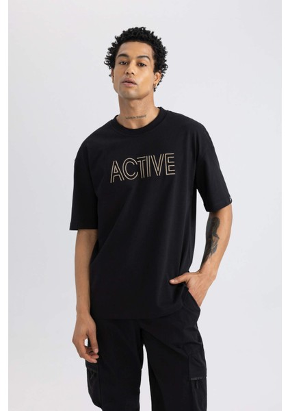 Fit Oversize Geniş Kalıp Bisiklet Yaka Nakışlı Kısa Kollu Tişört C1426AX24SM