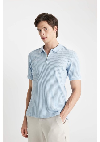 Slim Fit Dar Kesim Polo Yaka Kısa Kollu Fitilli Kaşkorse Yarım Fermuarlı Tişört D3948AX24SM fırsatları