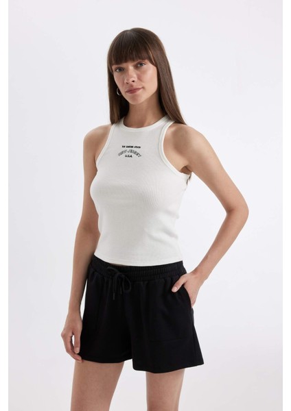 Slim Fit Dar Kesim Baskılı Halter Yaka Fitilli Kaşkorse Atlet D3606AX24SM