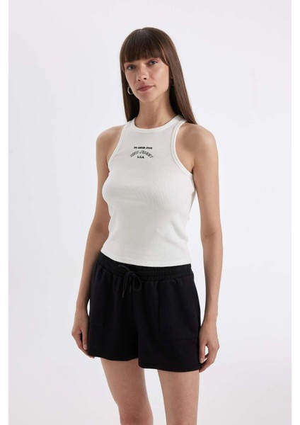 Slim Fit Dar Kesim Baskılı Halter Yaka Fitilli Kaşkorse Atlet D3606AX24SM