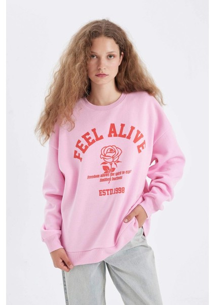 Oversize Geniş Kalıp Bisiklet Yaka Baskılı Kalın Sweatshirt D4940AX24AU