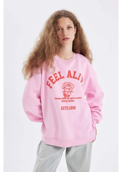 Oversize Geniş Kalıp Bisiklet Yaka Baskılı Kalın Sweatshirt D4940AX24AU