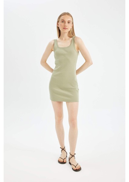 Coool Bodycon Vücudu Saran Basic Düz Fitilli Kaşkorse Kolsuz Mini Elbise A0732AX24SM