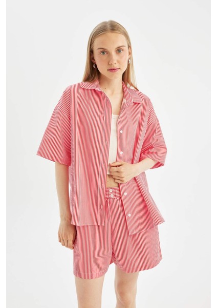 Coool Oversize Çizgili Poplin Kısa Kollu Gömlek D3835AX24HS