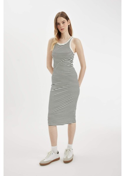 Bodycon Halter Yaka Çizgili Fitilli Kaşkorse Kolsuz Midi Elbise C8845AX24SM