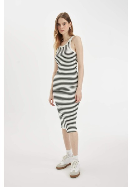Bodycon Halter Yaka Çizgili Fitilli Kaşkorse Kolsuz Midi Elbise C8845AX24SM