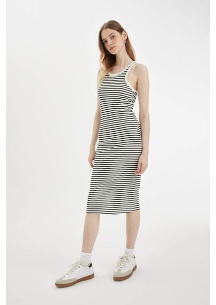 Bodycon Halter Yaka Çizgili Fitilli Kaşkorse Kolsuz Midi Elbise C8845AX24SM