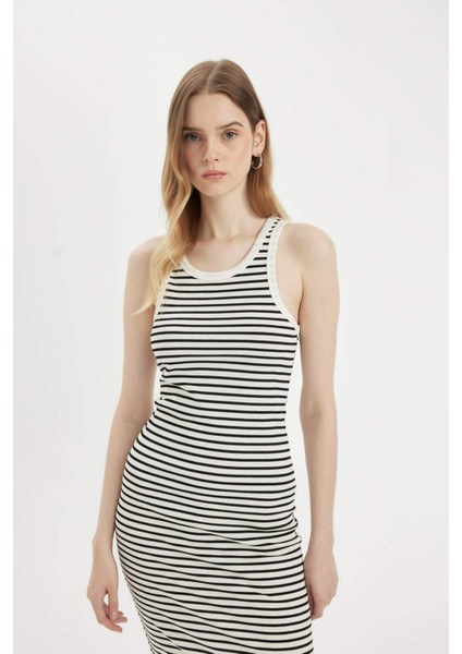Bodycon Halter Yaka Çizgili Fitilli Kaşkorse Kolsuz Midi Elbise C8845AX24SM