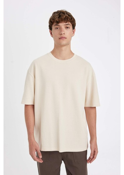 Oversize Geniş Kalıp Bisiklet Yaka Kısa Kollu Basic Düz Ağır Kumaş Tişört X3926AZ24AU