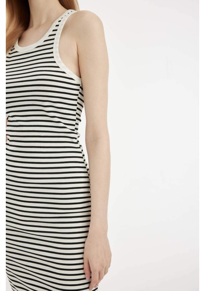 Bodycon Halter Yaka Çizgili Fitilli Kaşkorse Kolsuz Midi Elbise C8845AX24SM