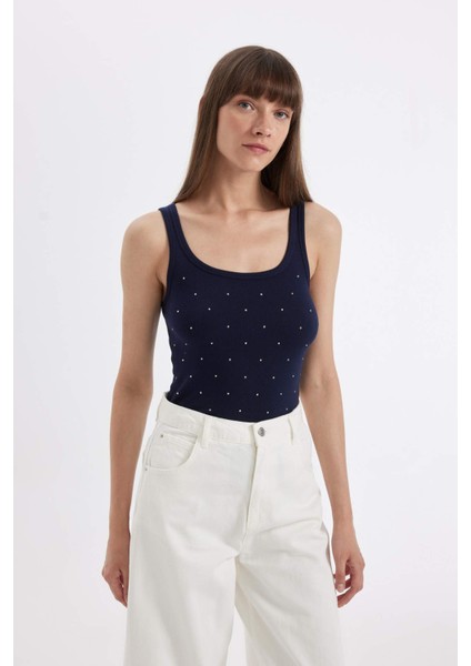 Slim Fit Dar Kesim Çizgili Yuvarlak Yaka Fitilli Kaşkorse Atlet D1357AX24SM