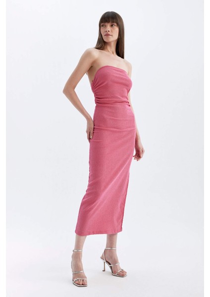 Bodycon Straplez Bürümcük Midi Abiye Elbise D3510AX24HS