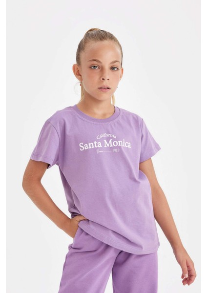 Kız Çocuk Bisiklet Yaka Yazı Baskılı Kısa Kollu Tişört C8460A824AU