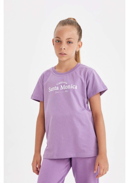 Kız Çocuk Bisiklet Yaka Yazı Baskılı Kısa Kollu Tişört C8460A824AU modelleri