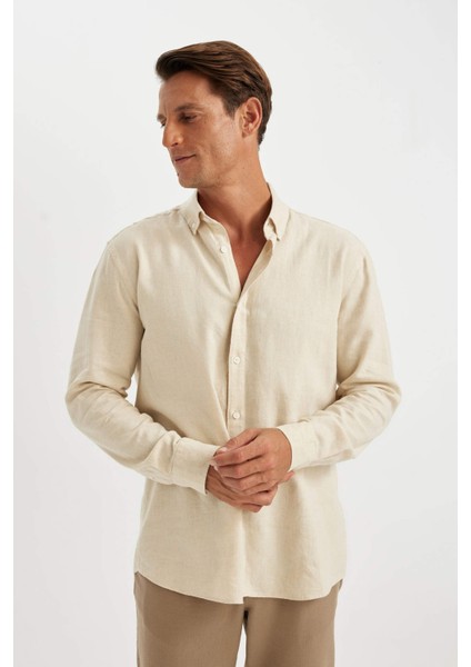 Relax Fit Polo Yaka Kısa Kollu Keten Karışımlı Pamuklu Uzun Kollu Gömlek C1106AX24SM
