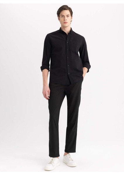 Regular Fit Polo Yaka Oxford Basic Düz Uzun Kollu Siyah Gömlek A8028AX24SP