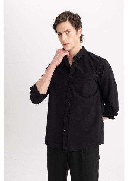 Regular Fit Polo Yaka Oxford Basic Düz Uzun Kollu Siyah Gömlek A8028AX24SP