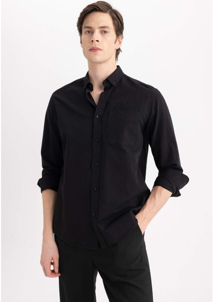 Regular Fit Polo Yaka Oxford Basic Düz Uzun Kollu Siyah Gömlek A8028AX24SP