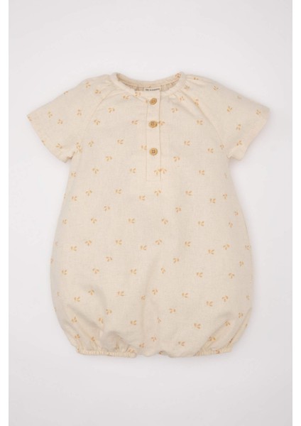 Kız Bebek Yenidoğan Çiçekli Keten Kısa Kollu Tulum C5095A524SM