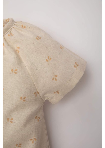 Kız Bebek Yenidoğan Çiçekli Keten Kısa Kollu Tulum C5095A524SM