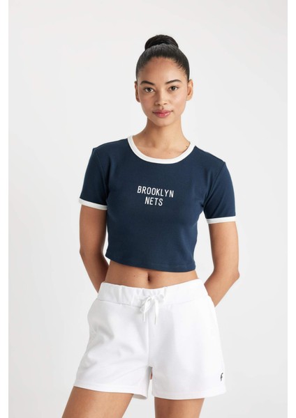 Fit NBA Brooklyn Nets Crop Bisiklet Yaka Ribana Kısa Kollu Tişört B9994AX24SM