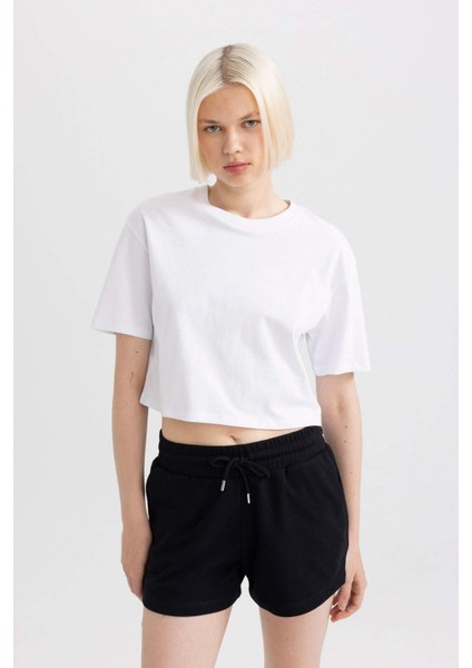 Boxy Fit Bisiklet Yaka Penye Basic Düz Kısa Kollu Tişört C7459AX24SM
