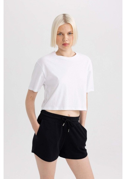 Boxy Fit Bisiklet Yaka Penye Basic Düz Kısa Kollu Tişört C7459AX24SM