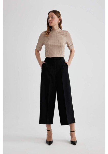 Klasik Chino Pantolon Culotte Siyah Basic Düz Normal Bel Cepli Geniş Paça C2052AX24SP