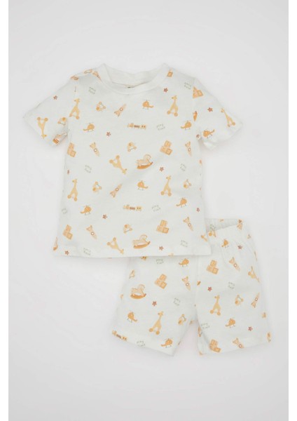 Erkek Bebek Pijama Takım Safari Desenli Penye Kısa Kollu Üst Beli Lastikli Şort Alt C5196A524HS
