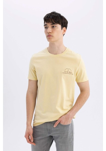 %100 Pamuk Slim Fit Dar Kesim Bisiklet Yaka Baskılı Kısa Kollu Tişört C3945AX24SM