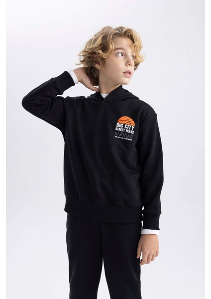 Erkek Çocuk Baskılı Kapüşonlu Kalın Sweatshirt B8996A823CW