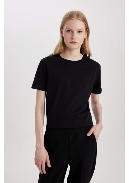 Regular Fit Bisiklet Yaka Penye Basic Düz Kısa Kollu Tişört W9584AZ24SM