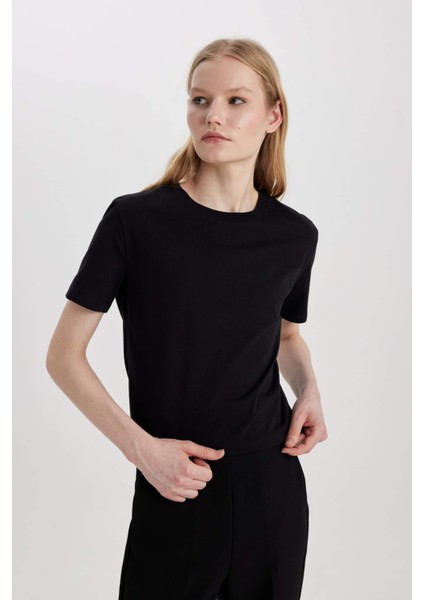 Regular Fit Bisiklet Yaka Penye Basic Düz Kısa Kollu Tişört W9584AZ24SM