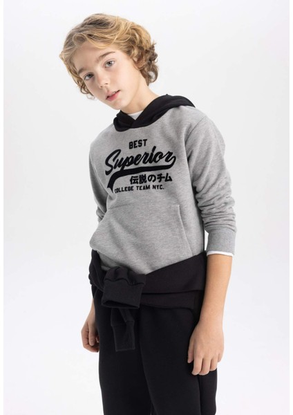 Erkek Çocuk Baskılı Kapüşonlu Kalın Sweatshirt B9001A823CW