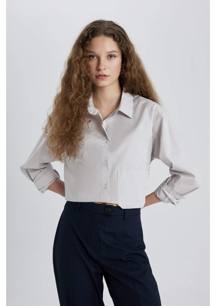 Oversize Geniş Kalıp Crop Poplin Uzun Kollu Gömlek C5026AX24SP